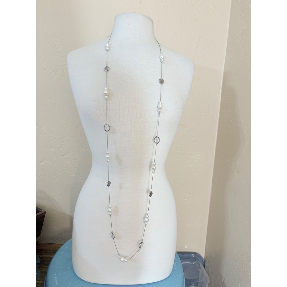 Silver‎ Tone Faux Pearl and Crystal Long Station Necklace Filigree Accents
